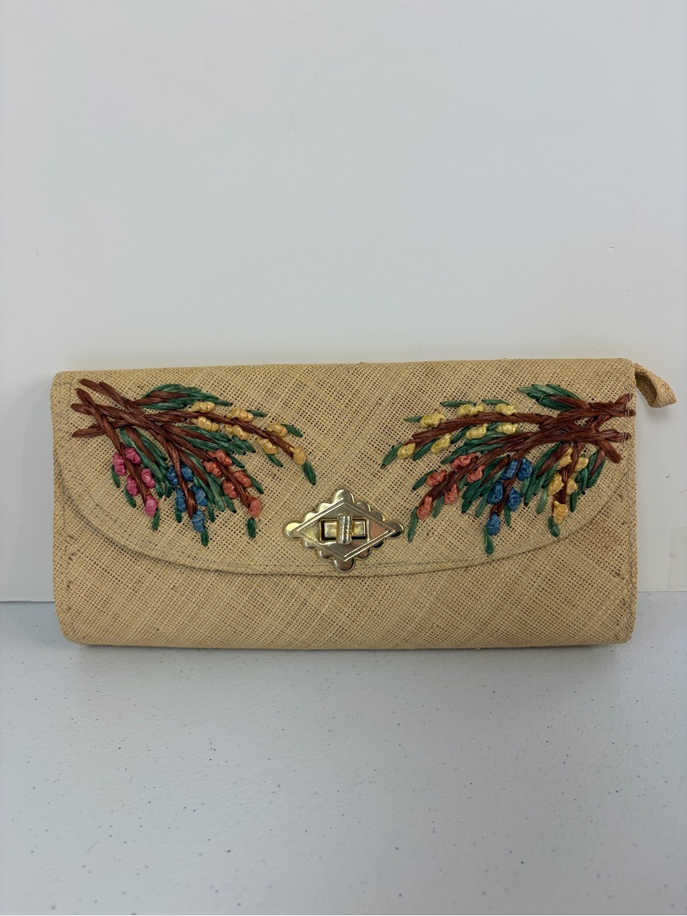 Vintage Raffia Straw Clutch Purse Floral Embroidered Boho Woven Handbag Bag 70s